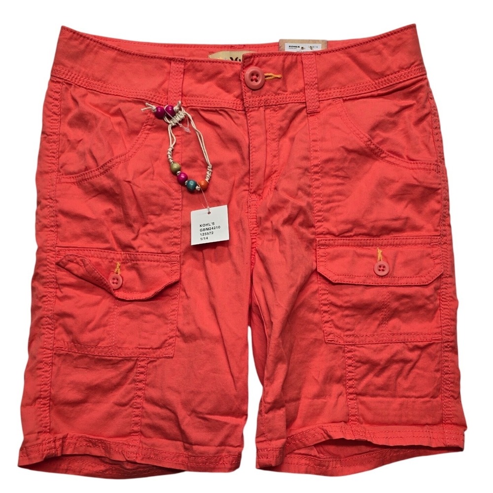 Mudd Girls Bermuda Cargo Shorts Coral Pink Adjustable Waist Size 14 NWT Y2K Boho